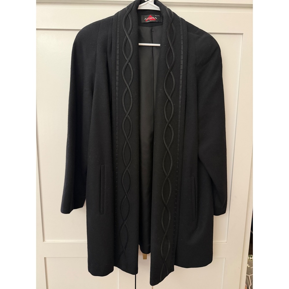 Alorna Petite Black 100% Wool Open Front Coat Soutache Trim Made in USA Vintage